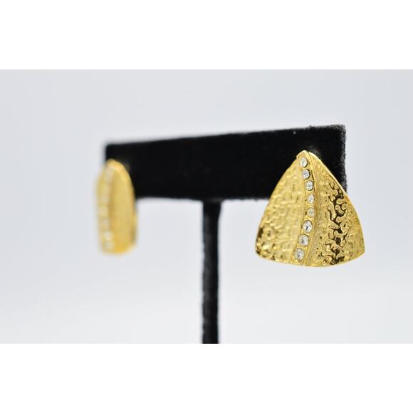 Vintage Pierced Earrings Brushed Gold Textured Rhinestone Shiny NOS 1980s BinAA - Picture 2 of 11